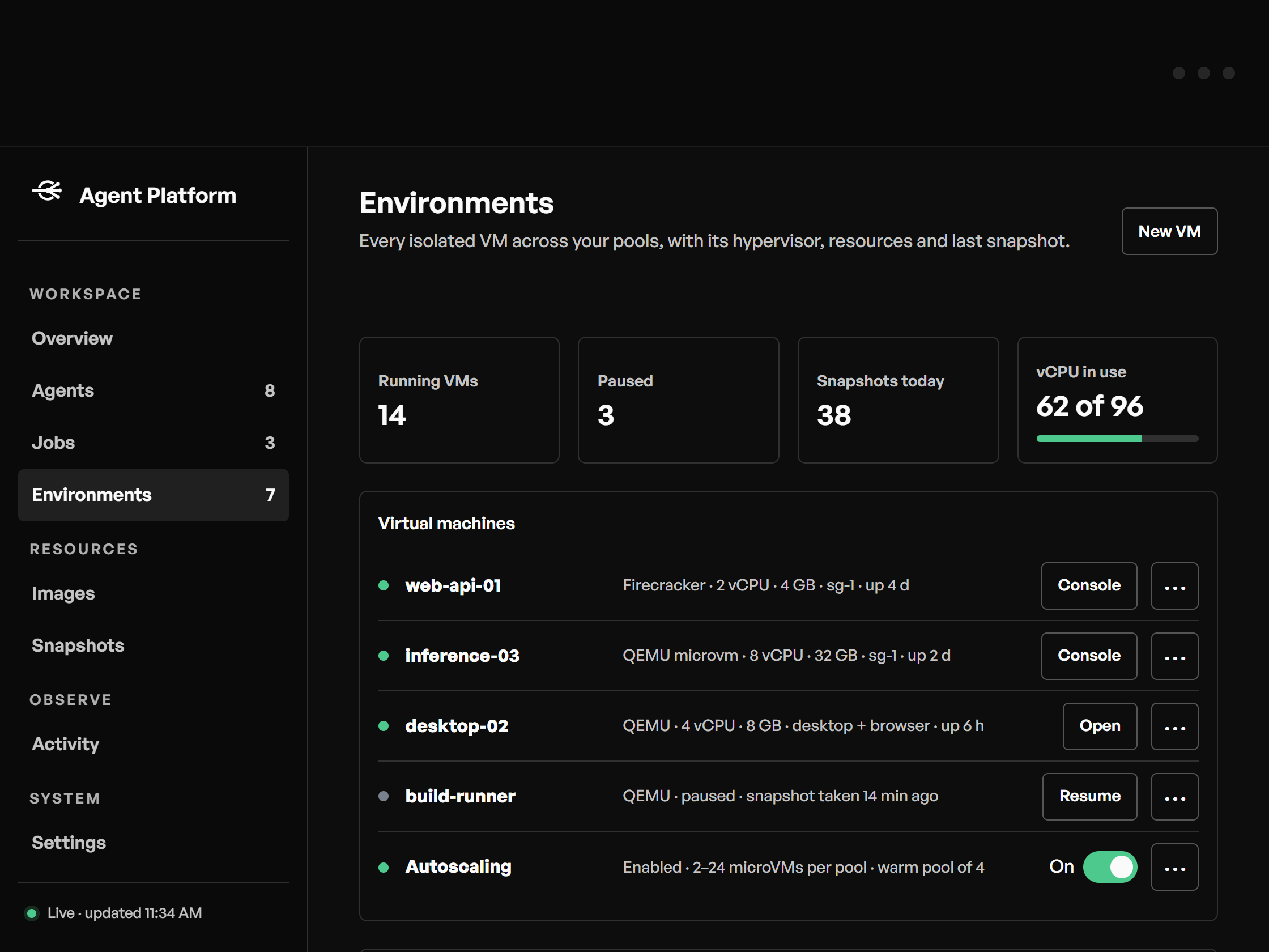StateFuse Agent Platform, environments view