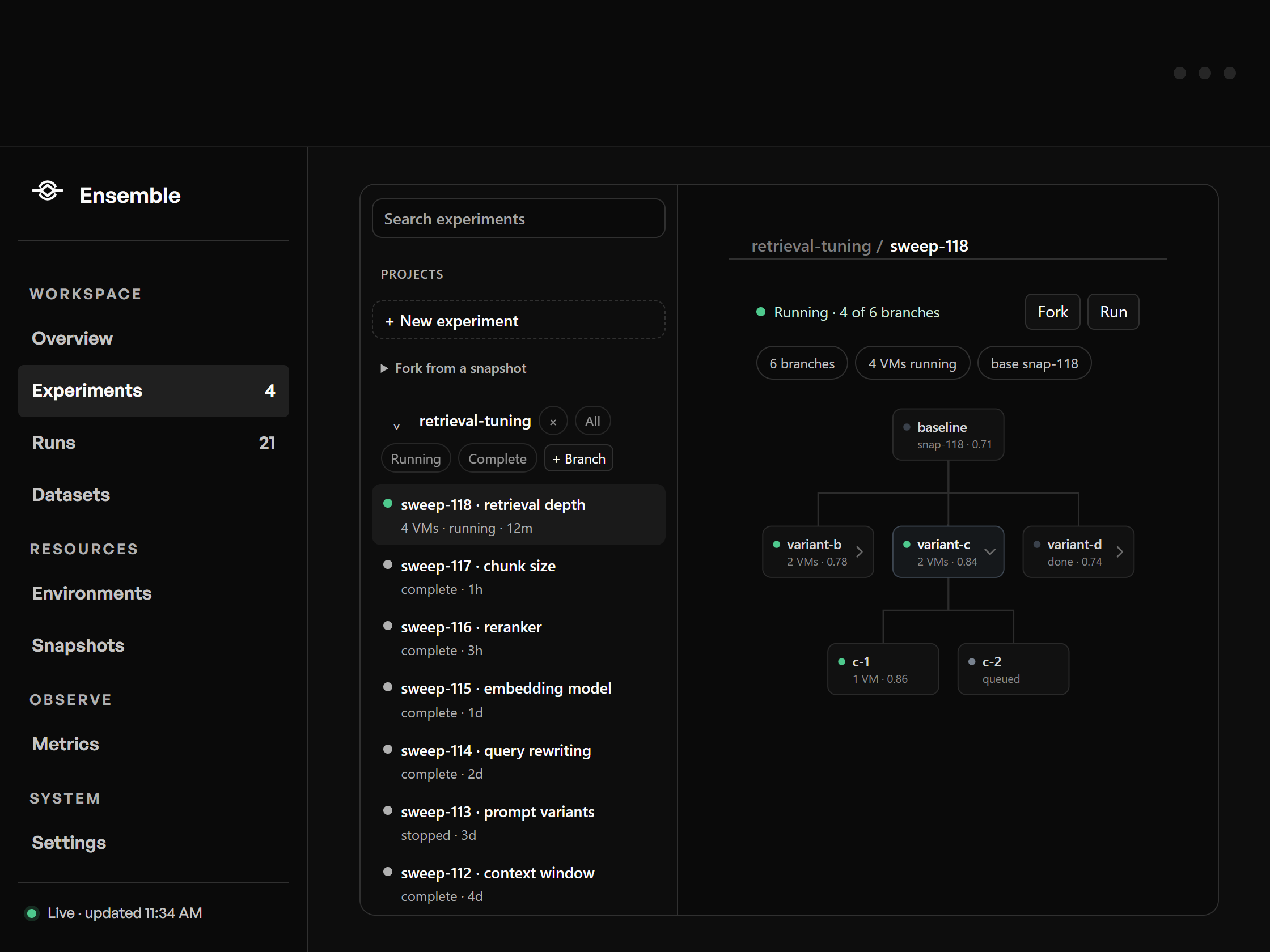 StateFuse Ensemble, experiment tree view