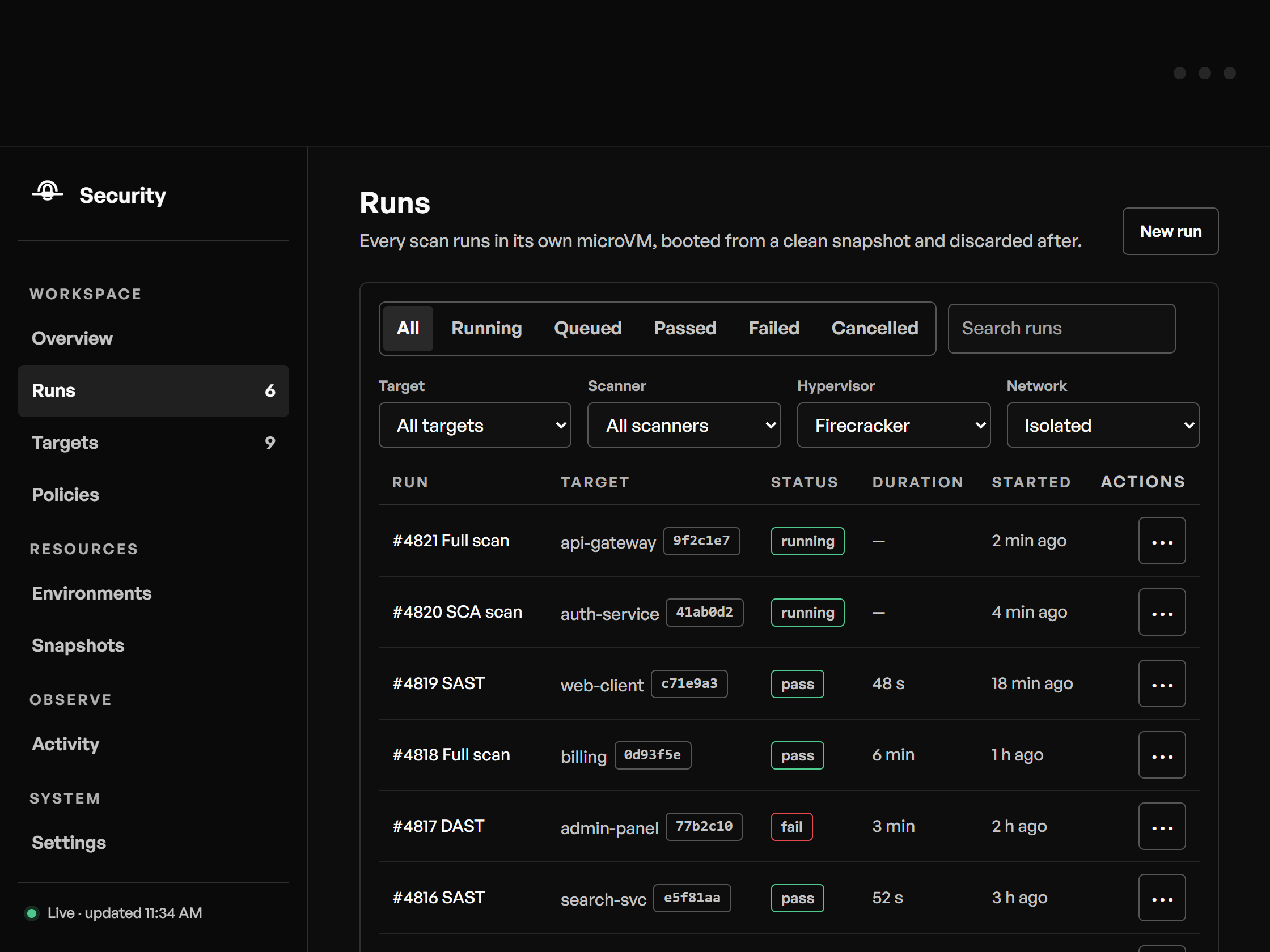 StateFuse Security, runs view